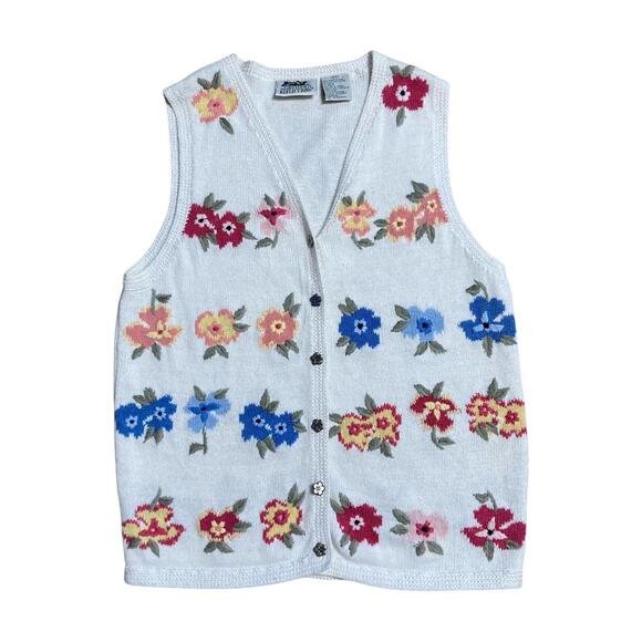 Northern Reflections Embroidered Flower Button-Up Ramie Cotton Sweater Vest Sz S - Picture 1 of 9